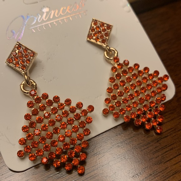 Orange Crystal Geometric Drop Earrings - Picture 1 of 3
